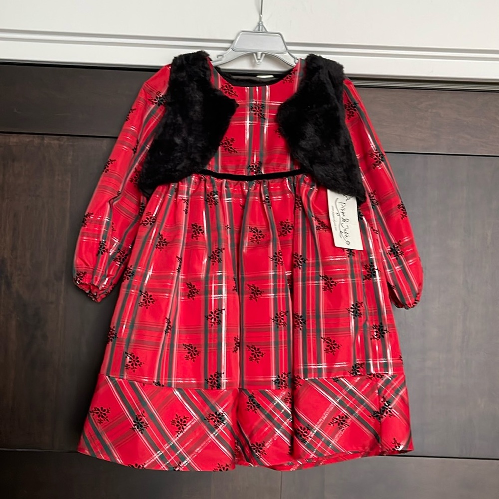 Pippa and Julie Red Plaid Long Sleeve Dress with Faux Fur Vest size 6